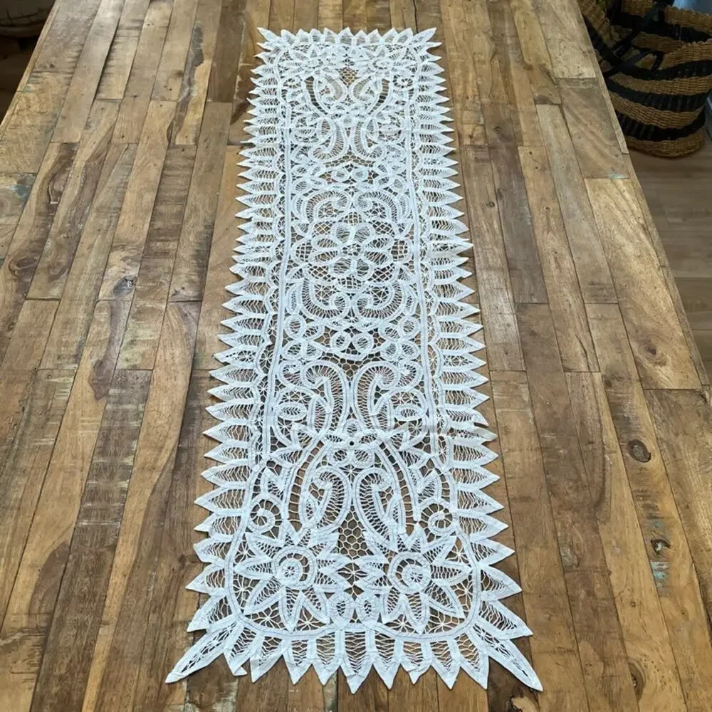 Vintage Table Runner 14 x 46.5 in White Battenburg Lace Intricate Floral Spike